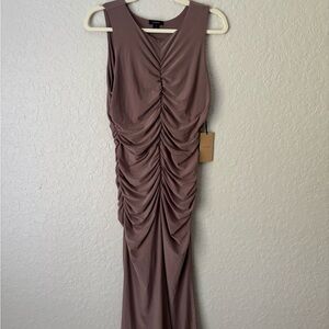 Halogen Ruched Maxi Dress in Taupe
